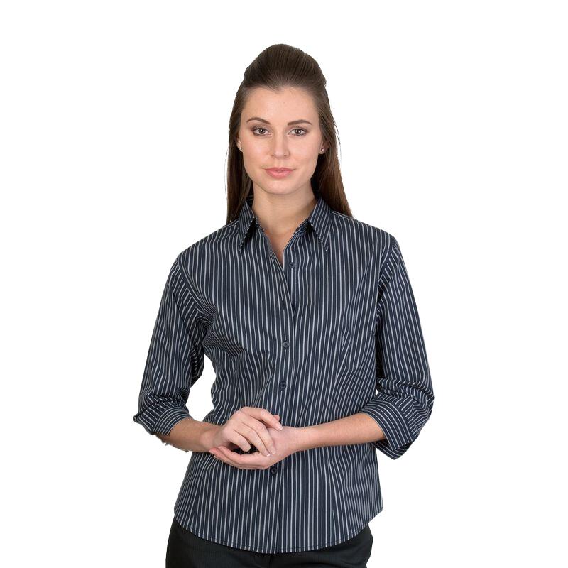 Womens Stretch Yarn Dyed Contrast Stripe Shirt 3/4 Sleeve Thumbnail