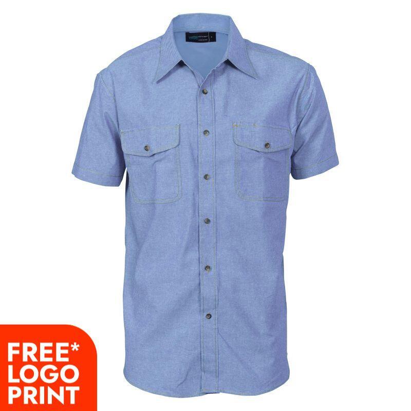 Mens Twin Flap Pocket Cotton Chambray Short Sleeve Shirt Thumbnail