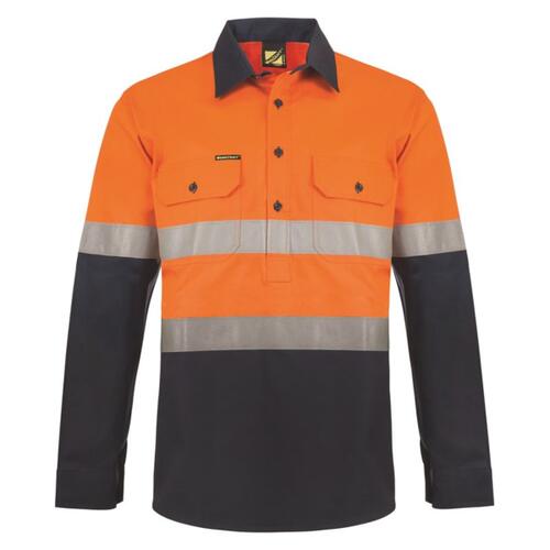 Mens Hi Vis Half Placket Cotton Drill Shirt  Semi Gusset Sleeves CSR Reflective Tape