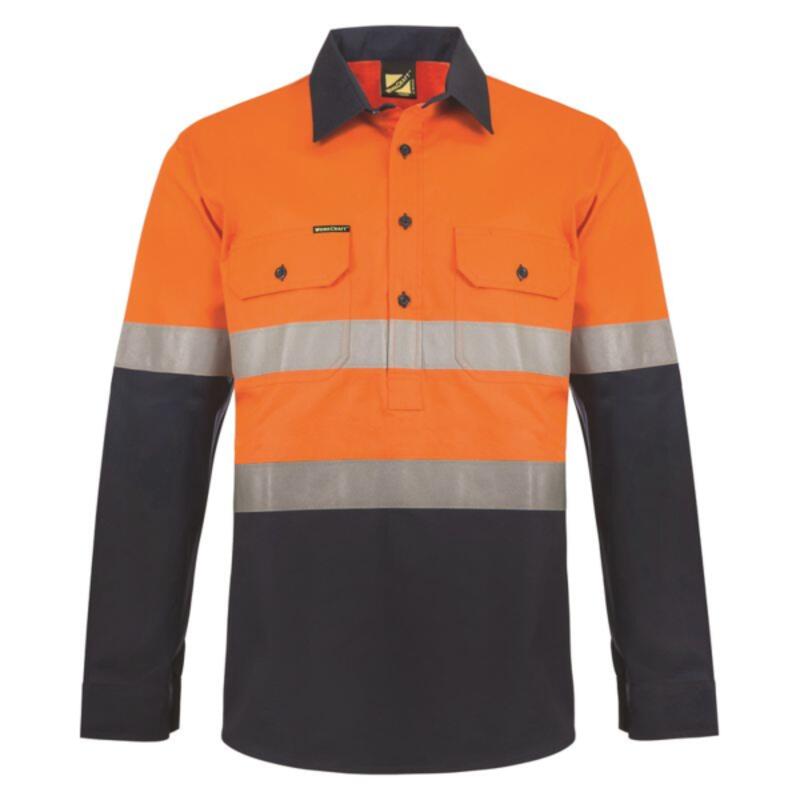 Mens Hi Vis Half Placket Cotton Drill Shirt Semi Gusset Sleeves CSR Reflective Tape Thumbnail