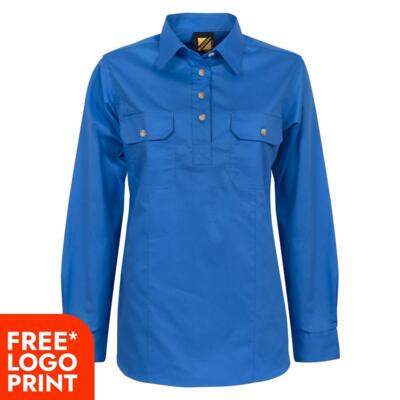 Womens Long Sleeve Half Placket Cotton Drill Shirt Thumbnail